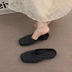 LBSFY -Women Mules Slippers Female Summer Flats Sandals Knit Fabric Stretch Slides Holiday Beach Shoes Square Heel Square Toe Flat