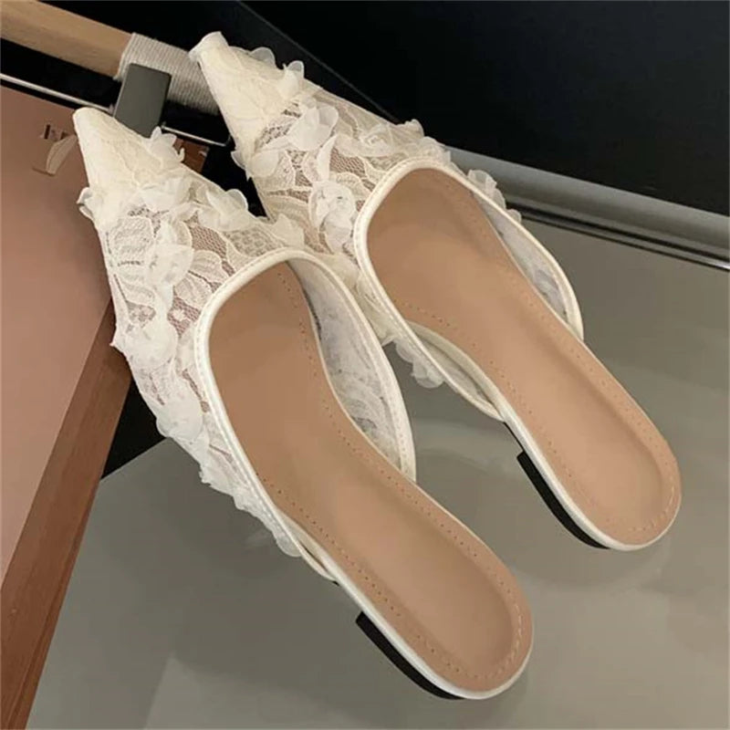LBSFY -Summer Fashion Elegant Square Low Heels Women Slippers Cosy Mesh Pointed Toe Female Mule Shoes Zapatos De Mujer