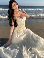 LBSFY -Women Beige Sexy Club Backless Pleated Slip Dress Summer Elegant V-neck Slim Lace Up Sleeveless Evening Party Fairy Long Dresses