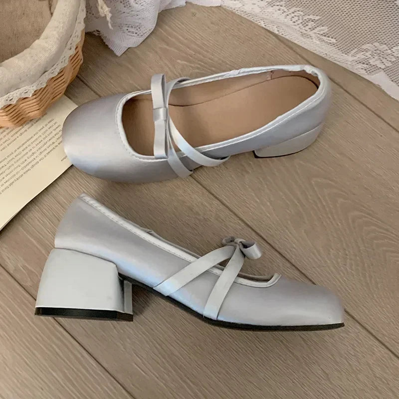 LBSFY -Women Chunky Heel Shoes New  Fashion Bowknot Strap Mid Heels Women Mary Jane Shoes Dress Shallow Mouth Ladies Ballet Shoes