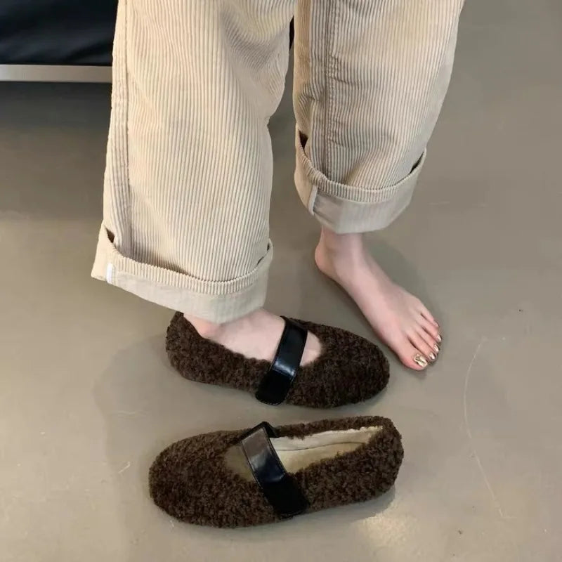 LBSFY -New Women Ballet Laofer Flat Shoes Fashion Shallow Slip on Ladies Fur Mary Jane Shoes Soft Outdoor Granny Shoes Zapatos Mujer