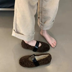 LBSFY -New Women Ballet Laofer Flat Shoes Fashion Shallow Slip on Ladies Fur Mary Jane Shoes Soft Outdoor Granny Shoes Zapatos Mujer
