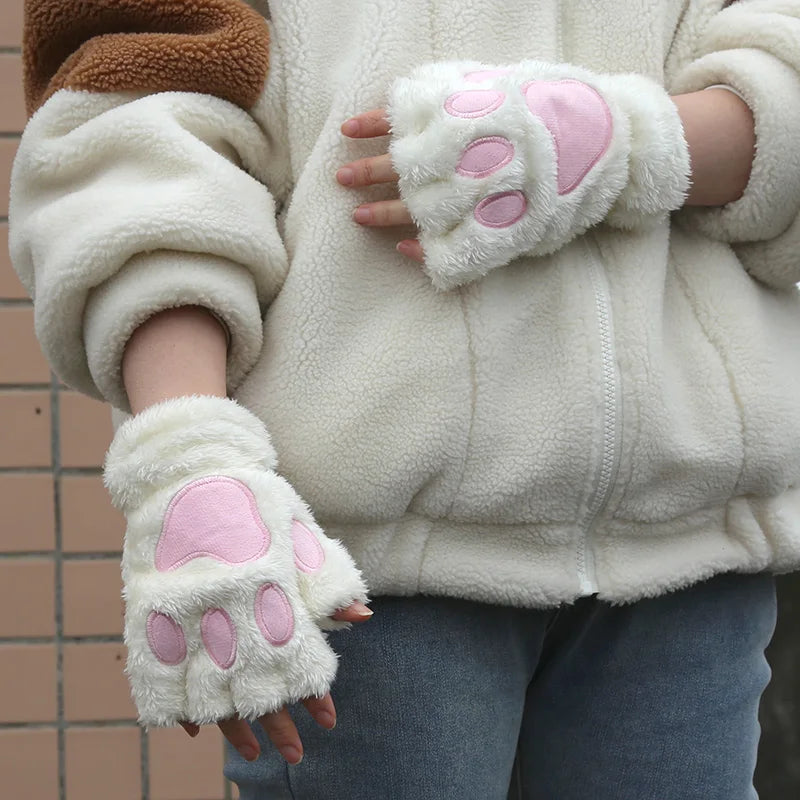 Lbsfy Cartoon Cat Paw Gloves Winter Cute Girl Open Finger Gloves Women Plush Warm Mittens Thickened Fluffy Bear Paw Half Finger Gloves