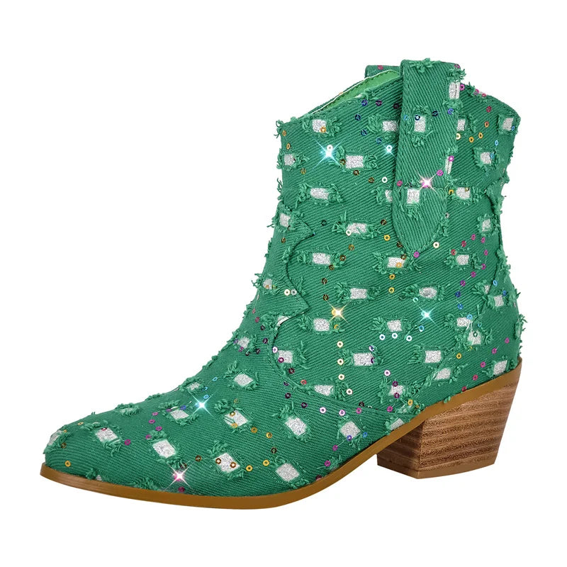 LBSFY  -  Women Pointed Toe Green Colorful Sequins Chunky Heel Female Handmade Western Ankle Boots