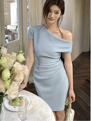 LBSFY -Sexy Korean Fashion Elegant Inclined-Shoulder Blue Short Dresses Backless Slim Pleated Party Dress Spring Summer New Vestidos