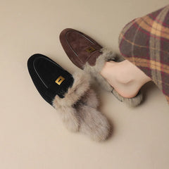 LBSFY  -  Sheep Suede Mules Women Warm Real Rabbit Fur Slip-on Autumn Winter Slippers Casual Loafers Ladies Flats Shoes