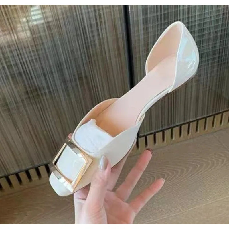 LBSFY -New Women Sandals Metal Square Buckle Leather Thick Heel Square Toe Sandal Spring Casual Low Heel Back Strap Fashion Sandals