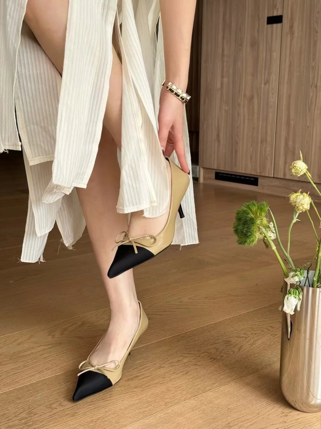 LBSFY  -  Sexy Women Pumps Office Shoes Pointed Toe Autumn Spring Dress Party Pumps Black Khaki Silver Shallow Slip On Elegant Bow Design