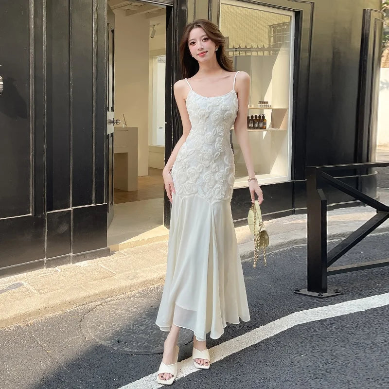 LBSFY -French Elegant Rose Mermaid Dresses For Women Summer Waist Embroidery Cinching Camisole Dresses Wedding Evening Party Prom Gown