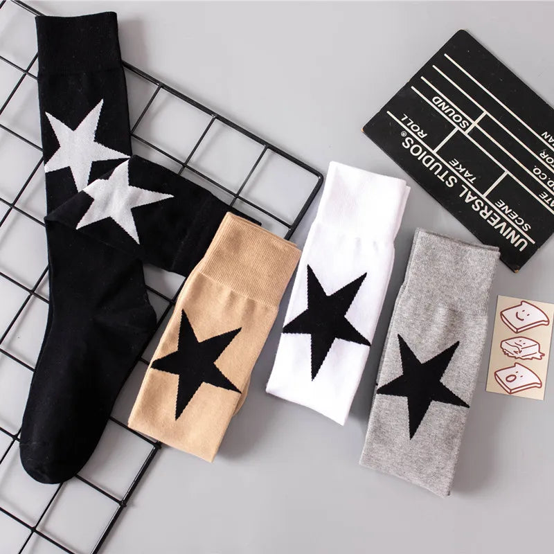 Lbsfy Women's Socks Cotton Spring Autumn Winter Black White Harajuku Korean Streetwear Socks Star Print Long Stockings Knee-high Socks