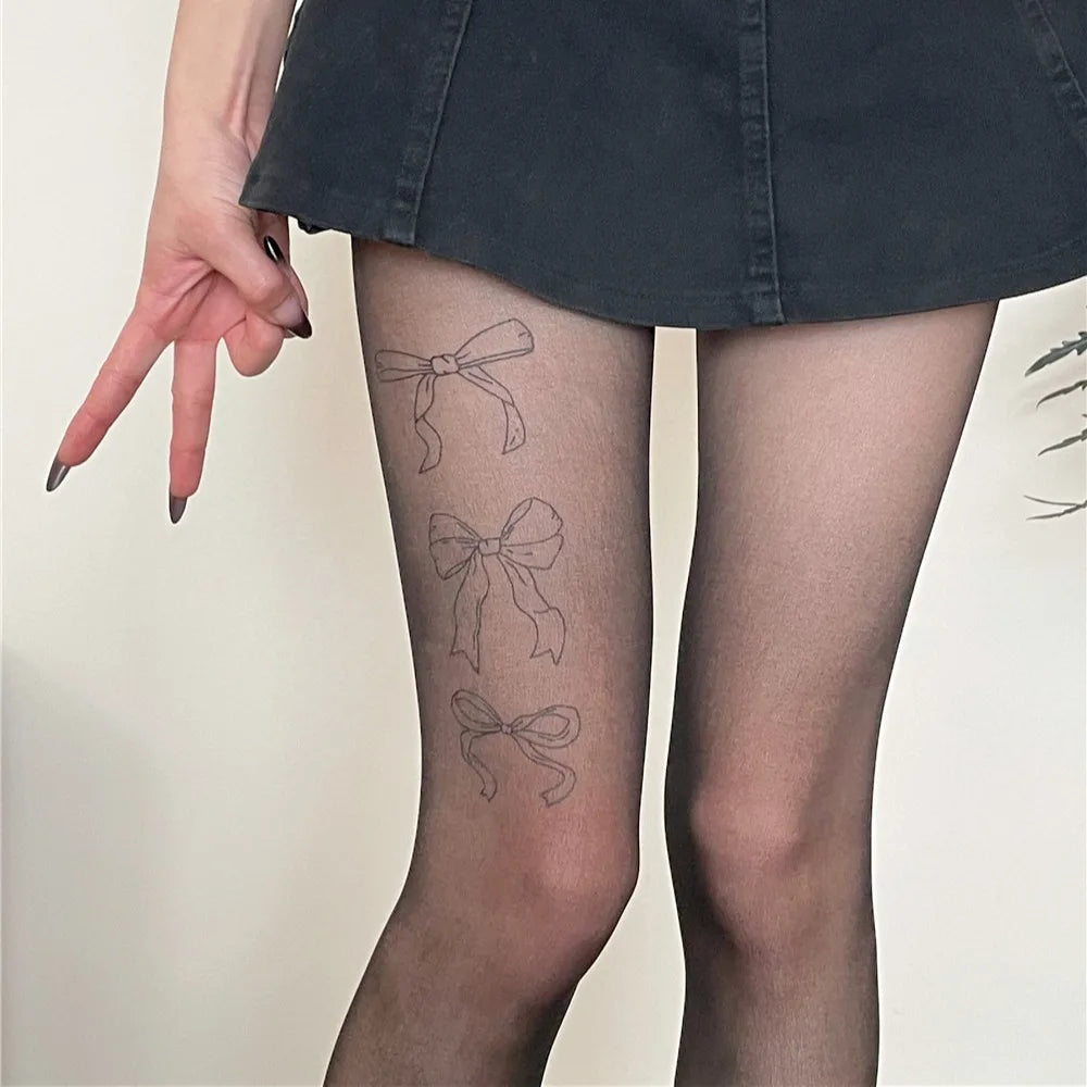 Lbsfy Women Tattood Stockings Korean Bow Printed Silk Tights Socks Sexy Print Pantyhose Japanese Lolita JK Cosplay Party Black Tights