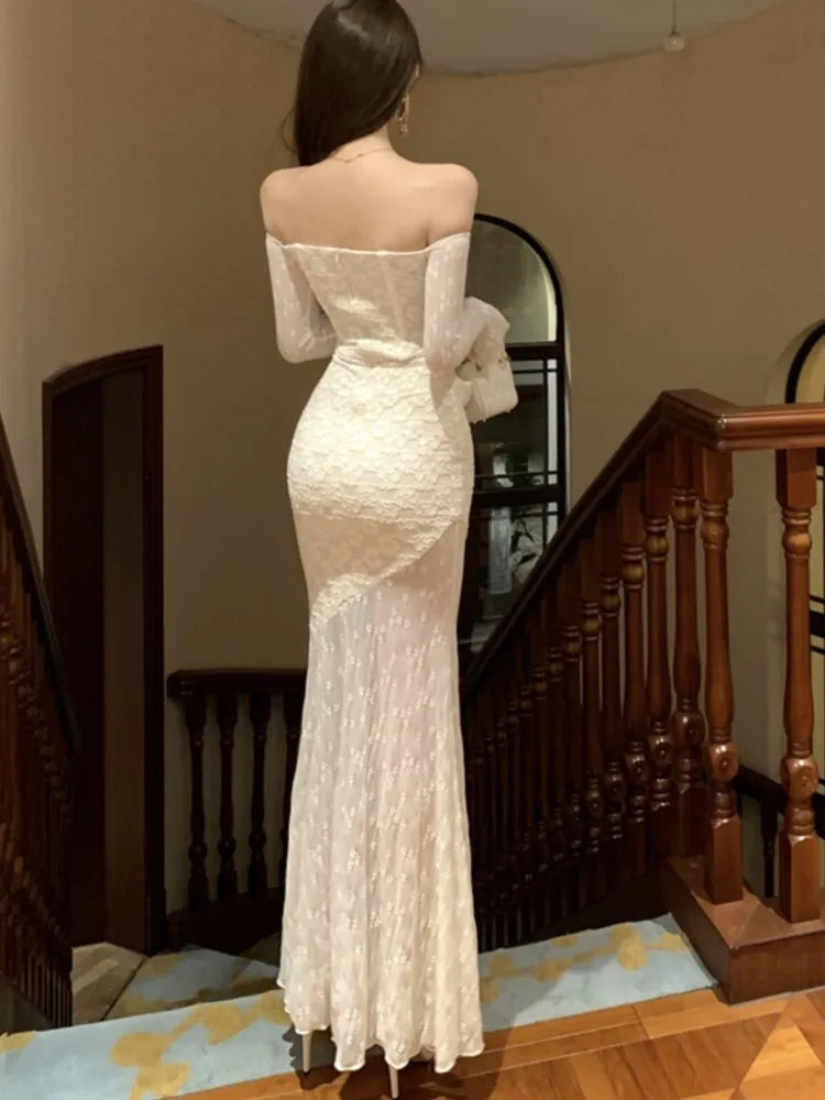 LBSFY -Sexy Elegant Slash Neck Women's Dresses Lace Patchwork Bodycon Party Off Shoulder Long Sleeves Evening Dress 2025 New Vestidos
