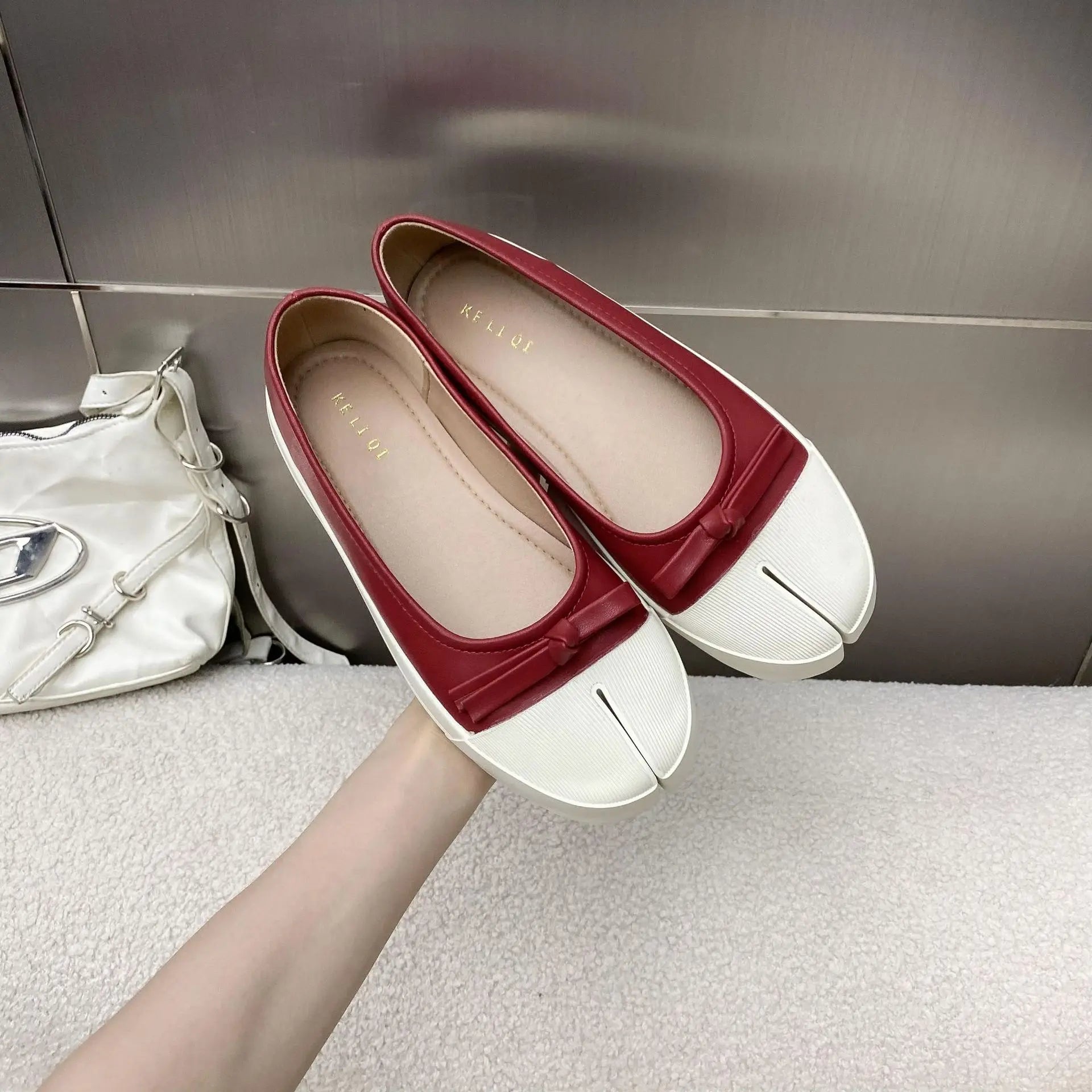 LBSFY  -   Split Toe Shoes Women Black Leather Flats Ballet 2024 New Fashion Bow Red Mary Janes