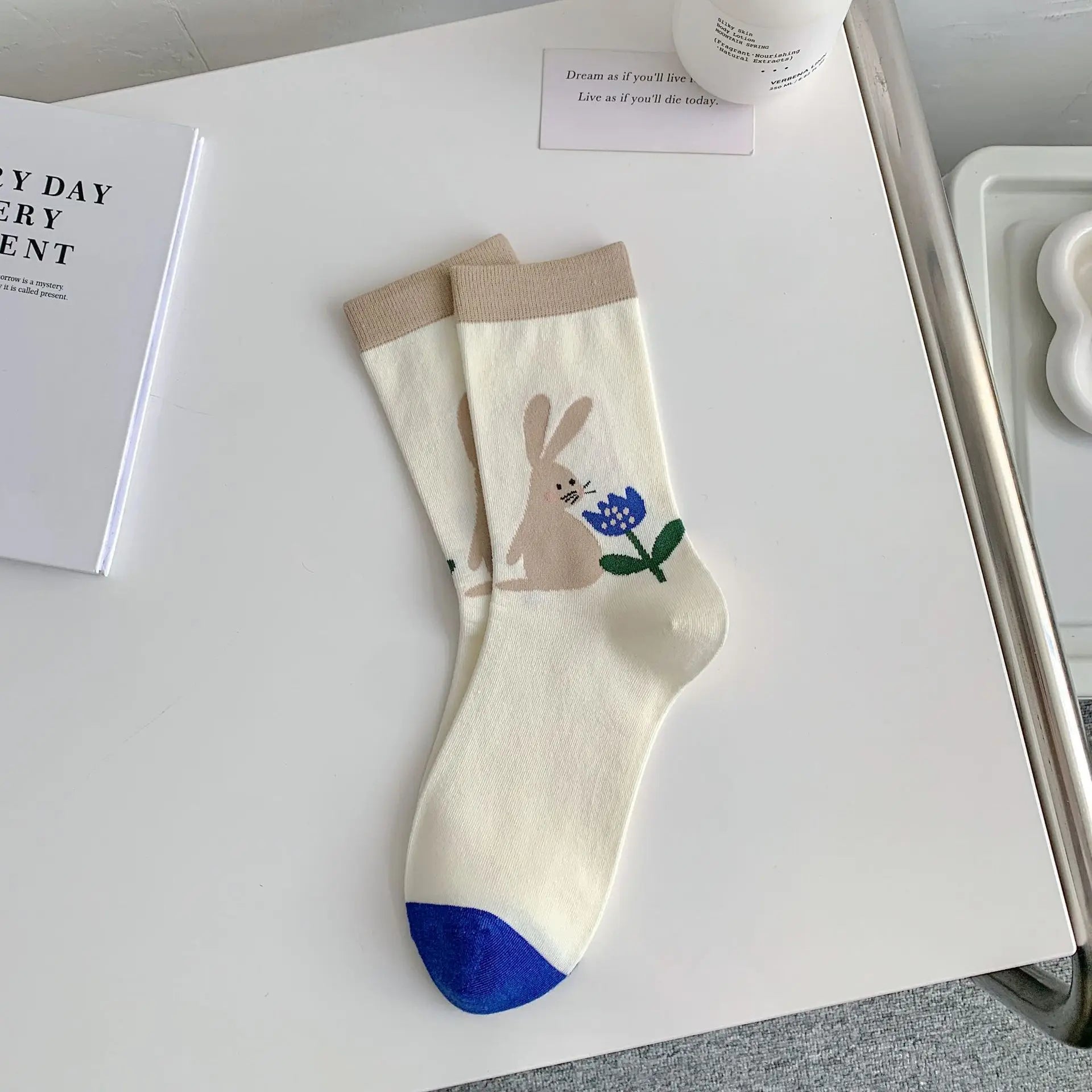 Lbsfy Women Socks Mid-tube Female Graffiti Illustration Stripe Cute Kawaii Harajuku Cartoon Cat Bear Animal Breathable Cotton Socks