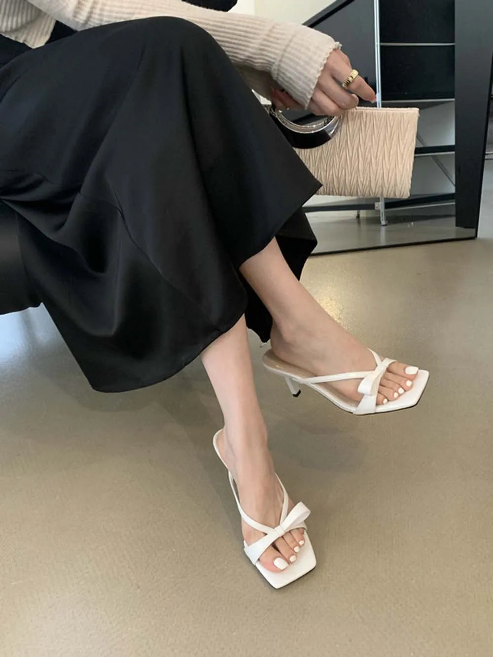 LBSFY  - Fashion Women Sandals Open Toe Summer Dress Shoes Thin High Heels Bow Design Shallow Slip On Party Pumps Dress Size 35-39