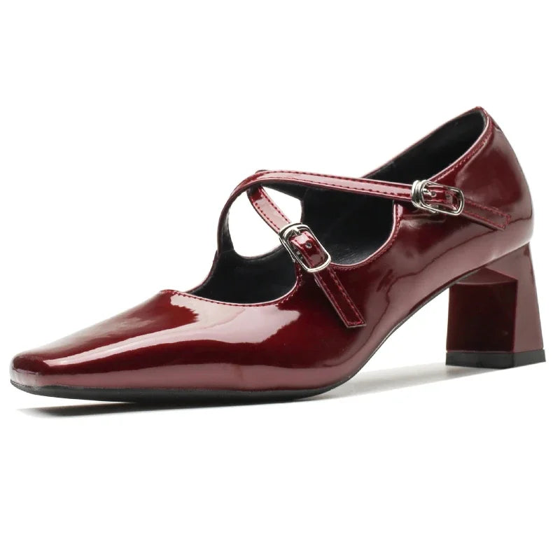 LBSFY  -  Square Toe Heeled Mary Jane Shoes Patent Leather Shallow Retro Chunky Women Shoes Cross Thin Strip Fashion Elegant Pumps Women