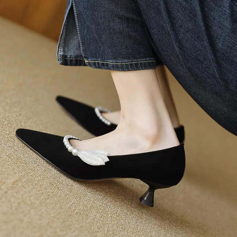 LBSFY  -  2024 New Suede Leather Women Pumps Pointed Toe Mid Heels Ladies Party Wedding Shoes Pearl Spring Summer Fashion Shoes