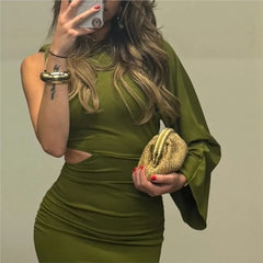 LBSFY -One Shoulder Long Sleeve Dress Solid Color Green Fashion Party Dress For Women Tight High Waist Elegant Summer Dresses New