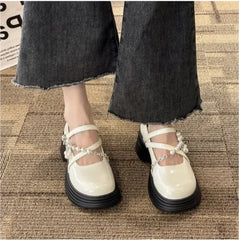 LBSFY  -Thick Soled Mary Jane Shoes for Women  New Sweet Buckle Loafers Pearl Chain Round Toe Platform Dress Lolita Shoes Pumps