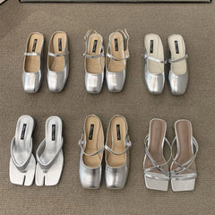 LBSFY -Women Fashing Silver Slippers Ballet Flats Shoes Square Toe Shallow Slip On Ladies Sandals Soft Slides Zapatos Mujer 40