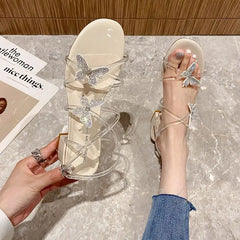 LBSFY  -Sandals for Women Clear Bow Party Weddings Transparent Woman Shoes Diamond with Low Heels Rhinestones Jelly Asian Size on Sale H