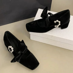 LBSFY  -  Velvet Bowknot Square Toe Chunky Mary Jane Shoes Women Rhinestone Buckle High Heels Dress Shoes Shallow Fashion Ballet Shoes