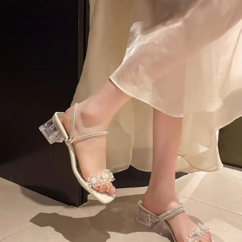 LBSFY -Ladies Shoes With Medium Heels Outdoor Rhinestones Women's Sandals Summer 2025 Asian Size Comfortable and Elegant Offers Sandal