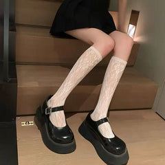 Lbsfy Solid Color Bowknot Hollow Lace Stockings Woman Summer Middle Tube JK Lolita Cute Socks Black White Fishnet Stockings for Women