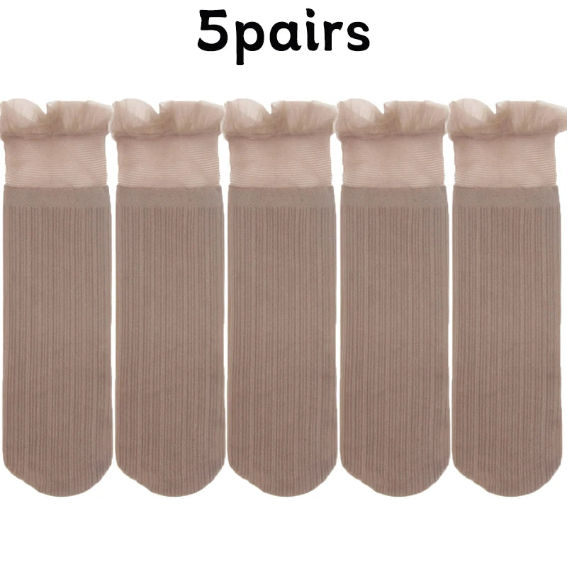 Lbsfy 5Pairs Transparent Lace Frilly Ruffle Socks Women Girls Velvet Ultra-thin Long Sock Summer Harajuku Hollow Out Sox Hosiery
