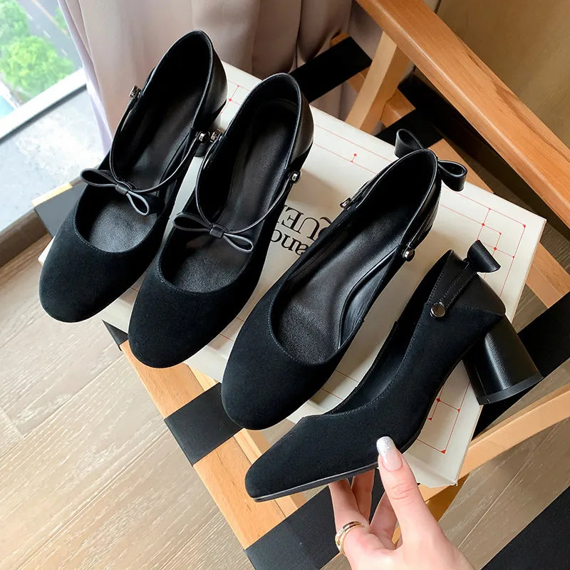 LBSFY  -  Fashion Pumps New High Quality Genuine Leather Mary Jane Shoes Round Toe Bow Medium High Heel Three Styles Women Shoes