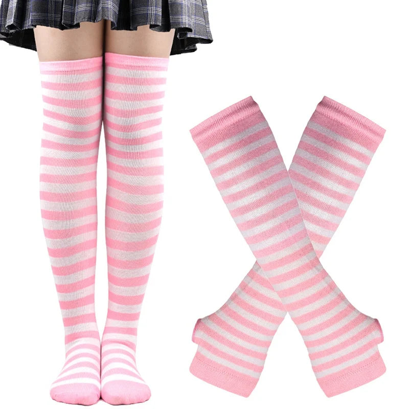 Lbsfy 1 Set Women Girls Over Knee Long Stripe Thigh High Cotton Gothic Lolita Socks Arm Sleeve Gloves Sweet Cute Black Overknee Socks