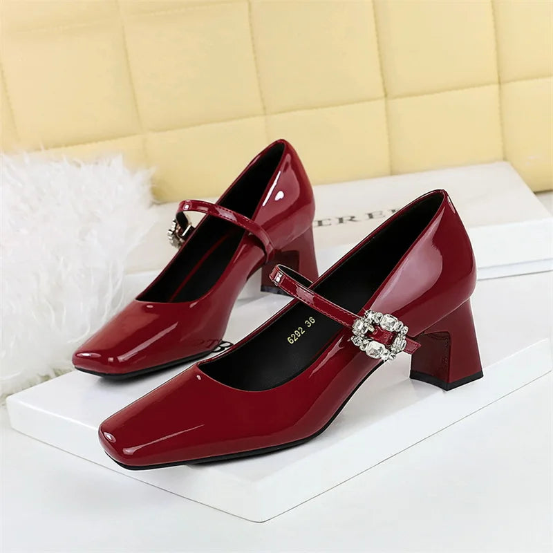 LBSFY -Banquet Mary Jane Women Single Shoes Square Toe Light Mouth Patent Leather One-Striped Rhinestone Buckle Thick Heel Medium Heel