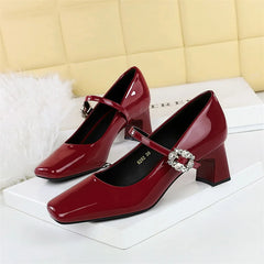 LBSFY -Banquet Mary Jane Women Single Shoes Square Toe Light Mouth Patent Leather One-Striped Rhinestone Buckle Thick Heel Medium Heel