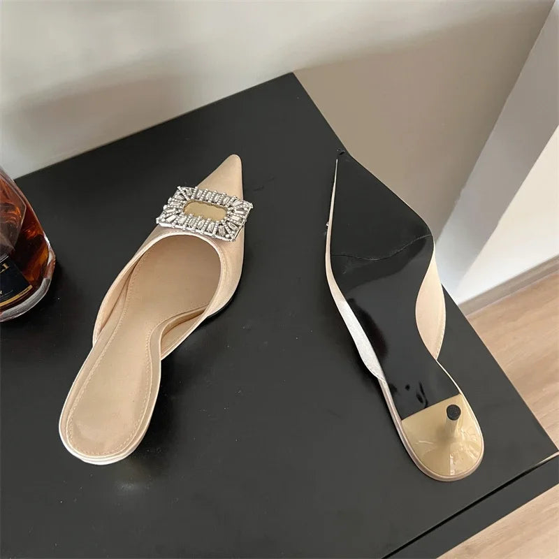 LBSFY -Spring Pointed Toe Crystal Buckle Mules Slippers Women Fashion Thin Heels Casual Party Shoes Zapatos De Mujer