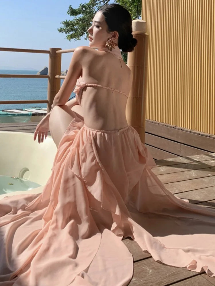 LBSFY -Summer Spring Strapless Womens Dresses Elegant Backless Irregular Ruffles Birthday Party Dress Holiday Beach Vestidos Mujer New