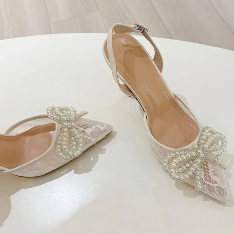 Lbsfy Lace String Bead Thin High Heels Women Pointed Toe Bowknot Party Dress Shoes Hollow Breathable Mesh Slingbacks Sandals Women