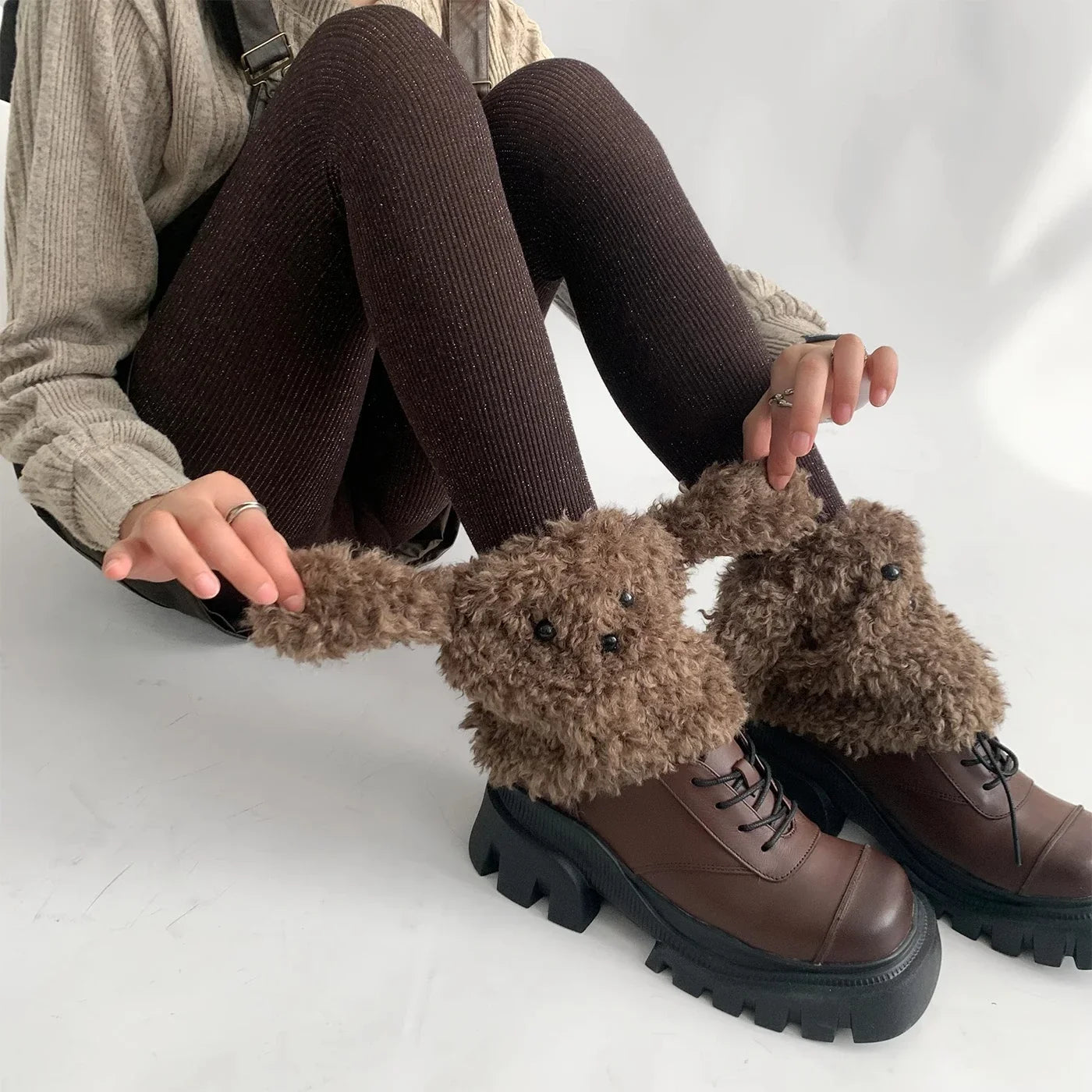 Lbsfy Funny Teddy Curly Leg Warmers Winter JK Girl Ankle Covers Thickened Warm Cute Calf Mid Socks Harajuku Cosplay Accessories