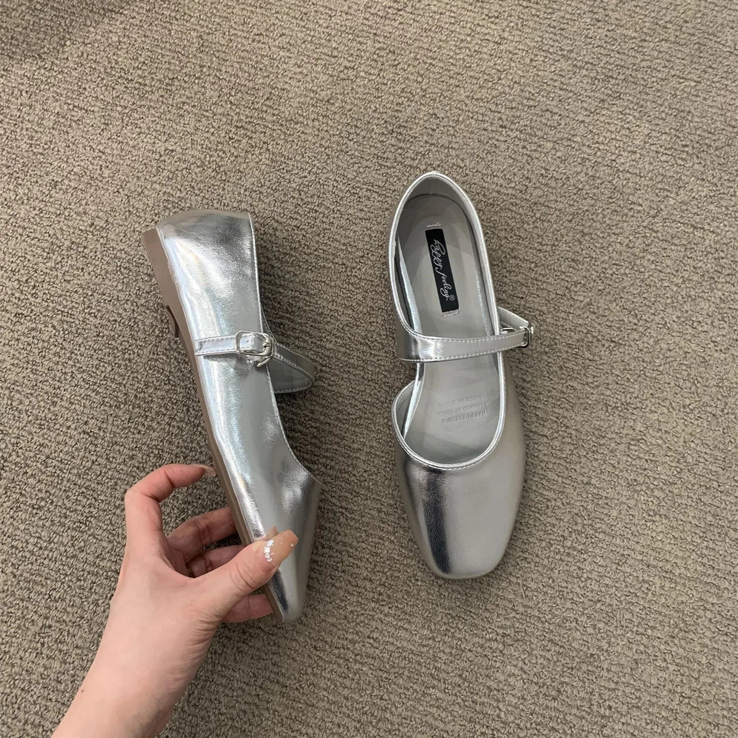 LBSFY -Women Fashing Silver Slippers Ballet Flats Shoes Square Toe Shallow Slip On Ladies Sandals Soft Slides Zapatos Mujer 40