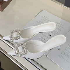 LBSFY - Fashion Crystal Thin Heels Mules Women Slippers Elegant Pointed Toe Banquet Party Prom Ladies Shoes