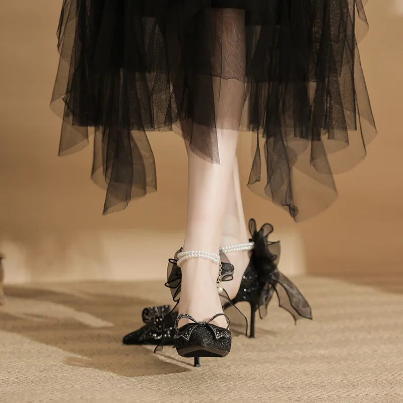 LBSFY  -  Size 34-40 Black High Heels Women's Stiletto Heel Pointed Pearls Buckle Bow Fashionable Thin Heel Party Dress Shoes