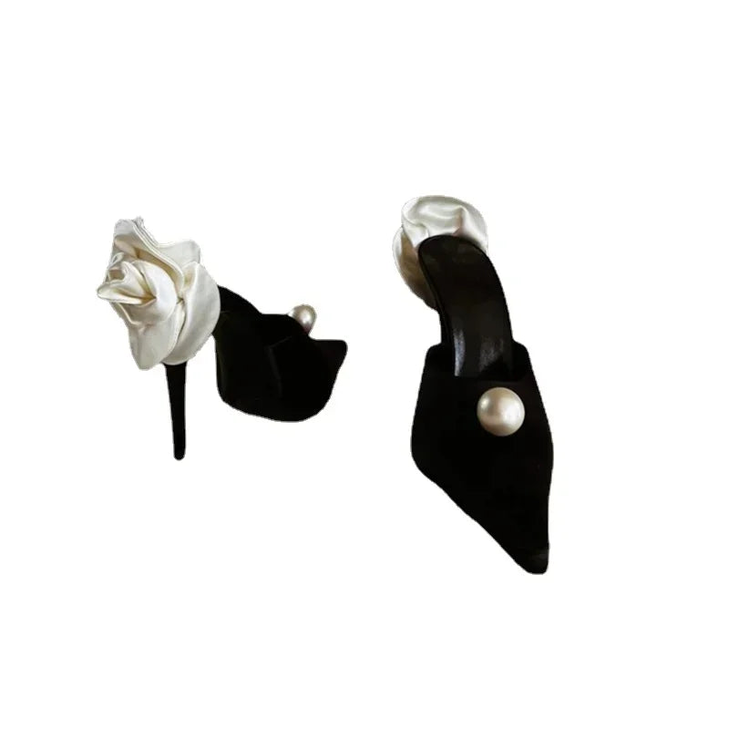 LBSFY  -  Baotou sandals, women's new pointed thin heel single shoes, pearl bow back hollow high heels, Muller shoes