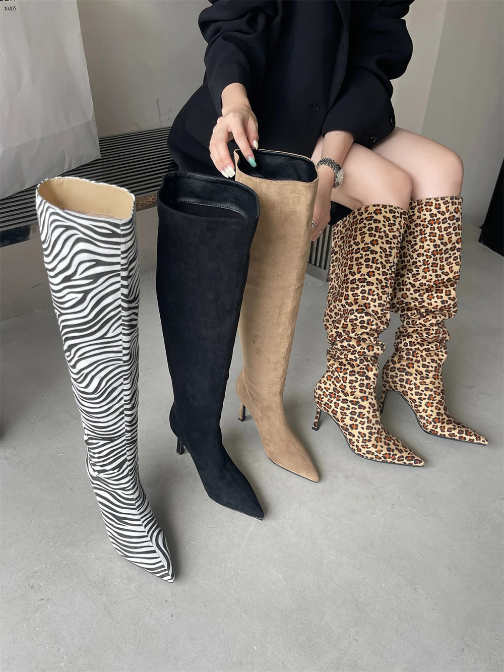 LBSFY  -  Pointed Toe Women Knee High Boots Chelsea Bootie Black Leopard Beige Zebra Winter Party Pumps Shoes Woman Slip On Size 35-40