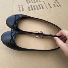 LBSFY -Elegant Bowknot Ballerina Women's Flat Round Toe Comfort Slip-On Ladies Loafers Leather Single Mules Shoes