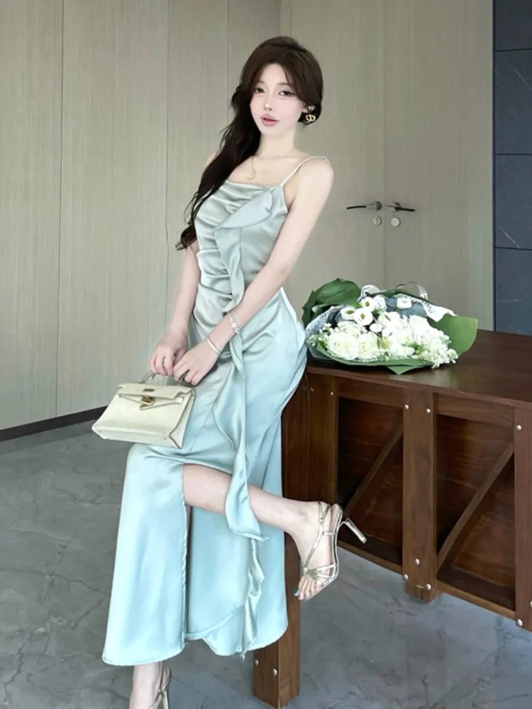 LBSFY -Party Chic Elegant Satin Split Sling Dresses For Woman Ruffles High Waist Folds Long Dress Prom Female Clothes 2025 New Robe