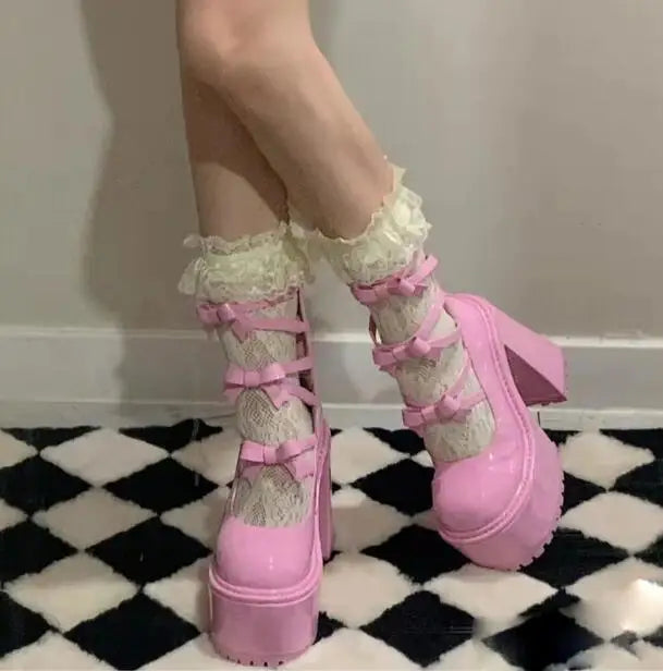 LBSFY  -  Cute Girls Pink Leather Bow Ties Round Toe Thick Bottom Mary Jane Shoes Woman Retro Chunky Heels Hollow Cuts Out Muller Pumps