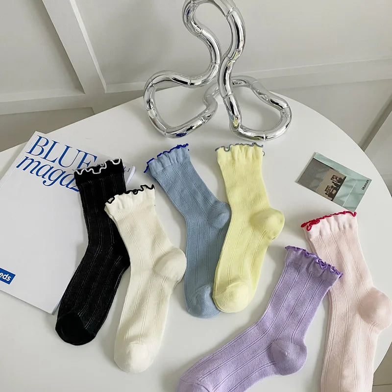Lbsfy Women Socks High Quality Summer Fashion Casual Long Socks Solid Color Korean Style Waveselvedge Mesh Breathable Simple Thin