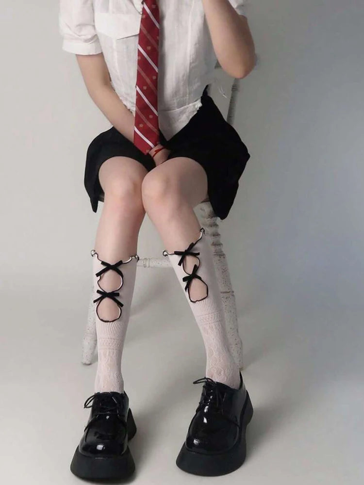 Lbsfy 1 Pair Hollow Lace Women Long Stockings Fashionable Versatile Knotted White Lolita Style Comfortable Breathable Casual Socks