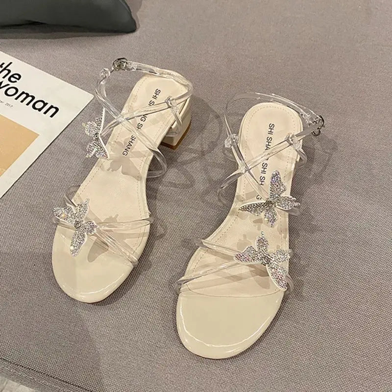 LBSFY  -Sandals for Women Clear Bow Party Weddings Transparent Woman Shoes Diamond with Low Heels Rhinestones Jelly Asian Size on Sale H