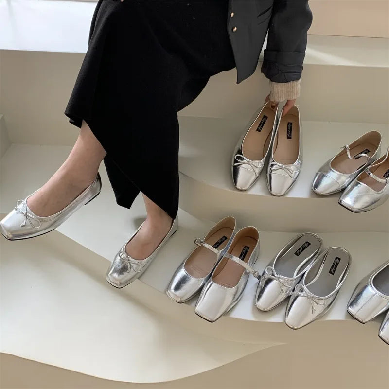 LBSFY  -  Silver Flats Ballet Shoes for Women Mary Janes Casual Shallow Slip on Pumps Sequare Toe Elegant Woman Heeled Shoes Loafers 2024