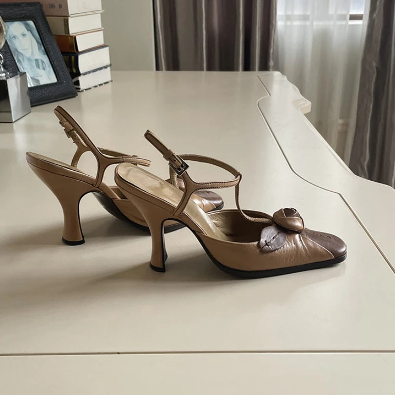 LBSFY  -  Brown Square Toe Flower High Heels Ankle Strap Sandals Ladies Summer Slippers Mixed Colors Mules Shoes For Women Dress Pumps